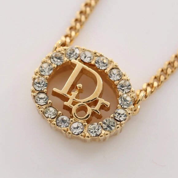 Authentic Christian Dior Vintage Rhinestone Crystal Round Necklace Gold Plated - Picture 2 of 10